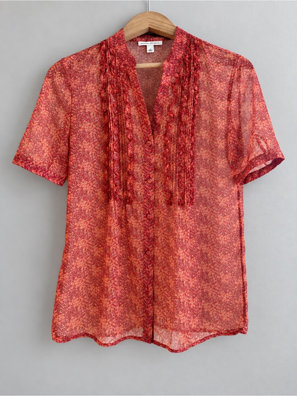 Banana Republic Women’s S Sheer Coral Red Floral Pintuck Ruffle Blouse